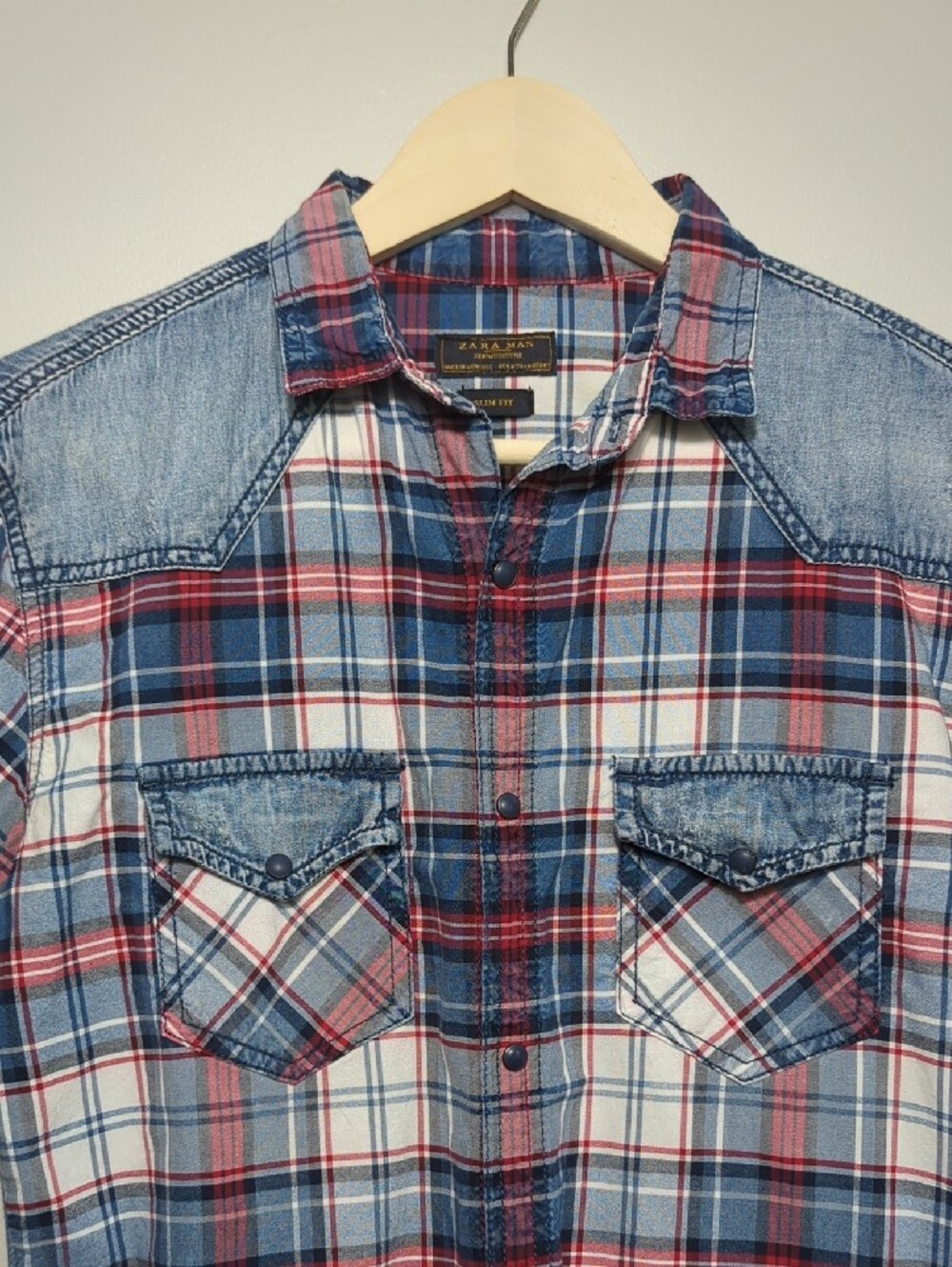Zara Man‎ Slim Fit Plaid Button-Up Shirt Denim Red White Blue 4th of July SM/MED - Picture 4 of 16